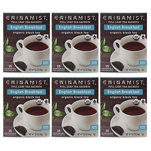 China Mist - English Breakfast Organic Black Full Leaf Tea Sachet, 15 Count Box - Biodegradable And Individually Wrapped (6 Pack)