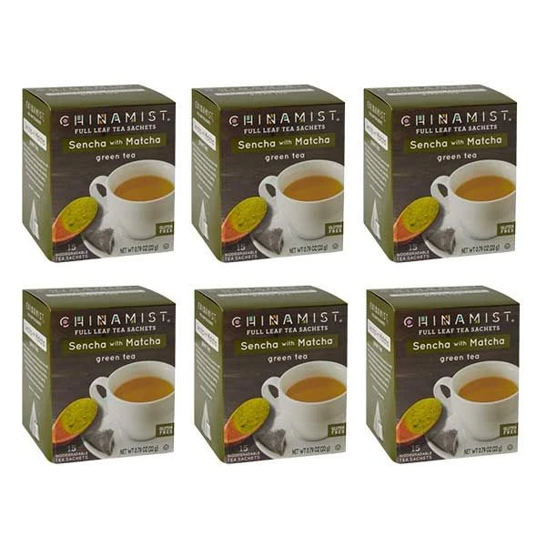 China Mist Sencha With Matcha Organic Green Full Leaf Tea Sachet, 6 Boxes 15 Count Each